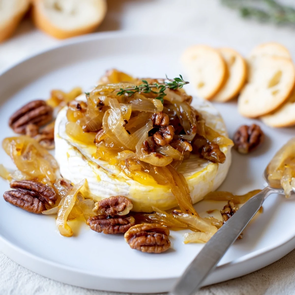 Warm Baked Brie With Caramelized Onions And Pecans, gooey center and toasted nuts