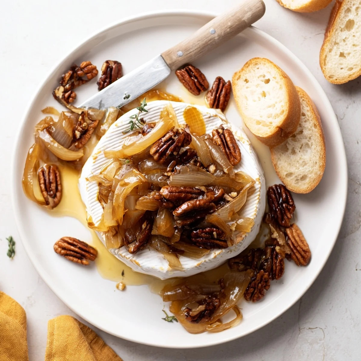 Baked Brie With Caramelized Onions And Pecans on a baguette, drizzled with honey