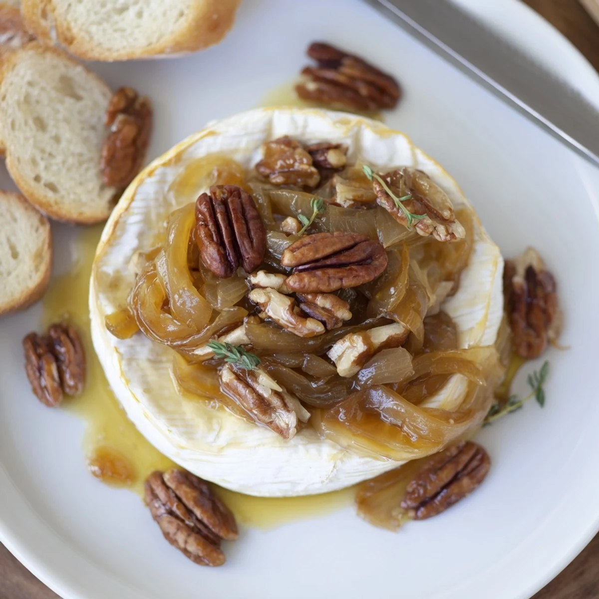 Stylish party platter featuring Baked Brie With Caramelized Onions And Pecans, thyme garnish