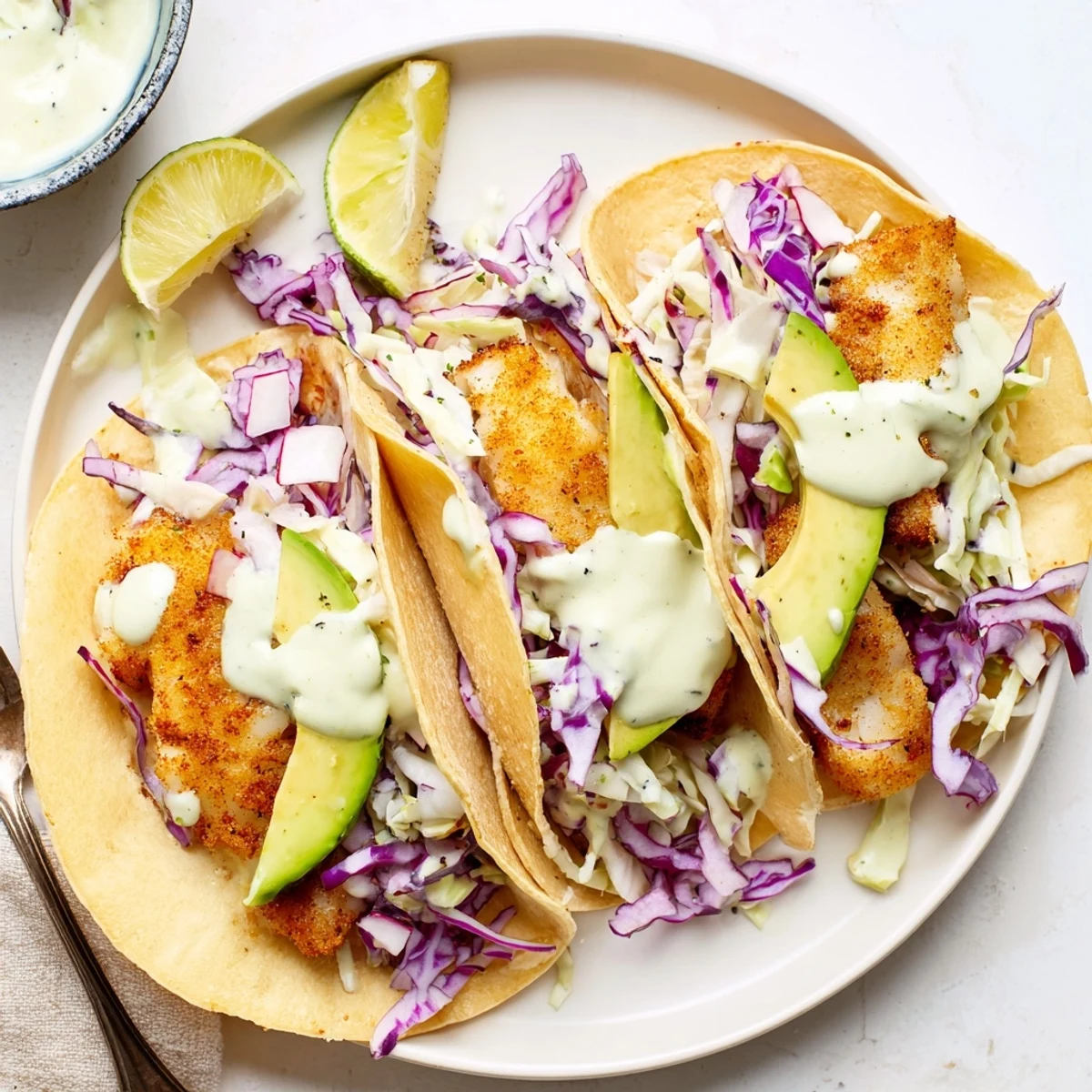 Baked Cod Fish Tacos with Creamy Cilantro Lime Sauce, flaky cod, zesty lime