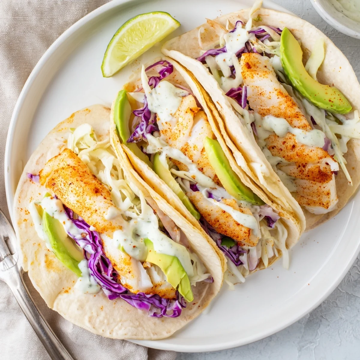 Baked Cod Fish Tacos with Creamy Cilantro Lime Sauce served on warm tortillas