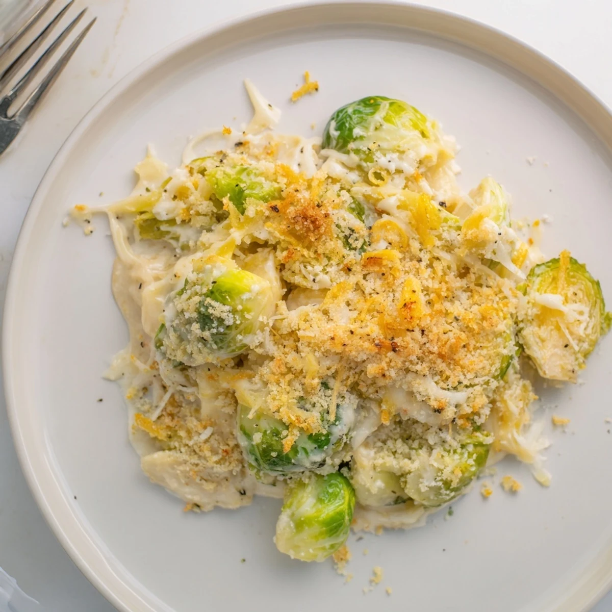 Creamy Parmesan Brussels Sprouts Casserole bubbling with golden breadcrumb crust, savory aroma