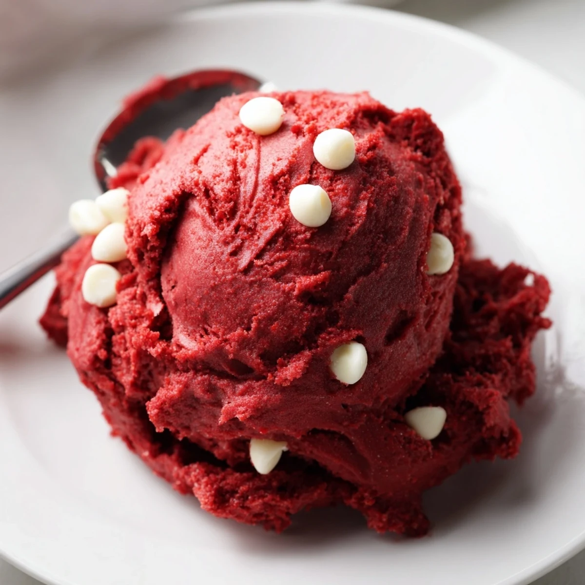 Creamy red velvet cookie dough scooped into a bowl with white chocolate chips