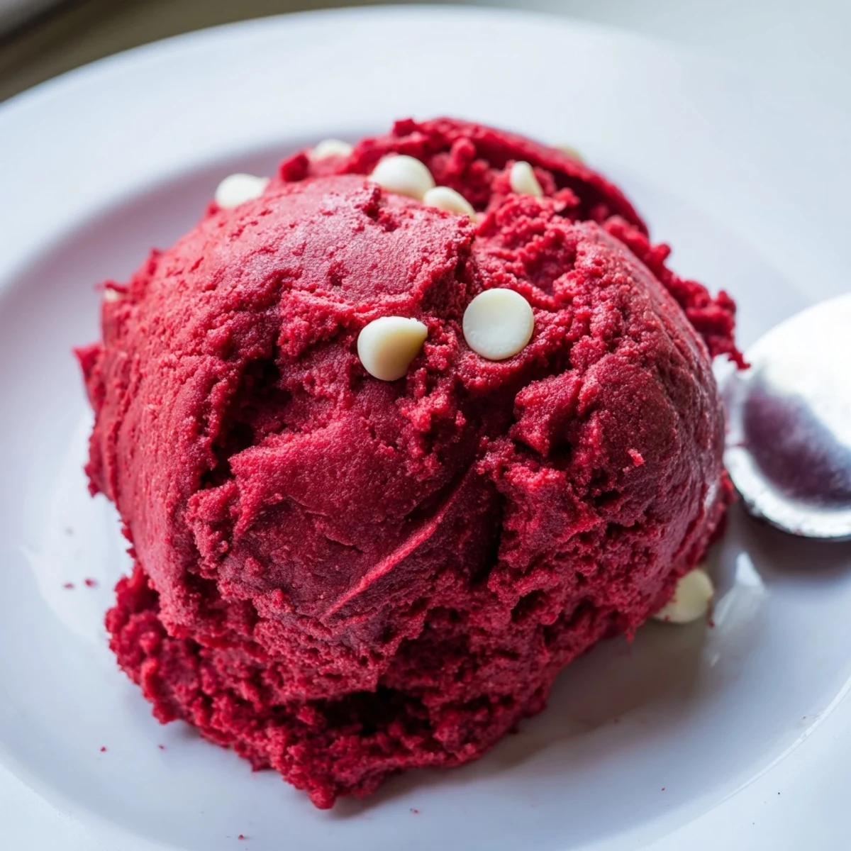 Spoonfuls of rich red velvet cookie dough studded with mini white chocolate chips