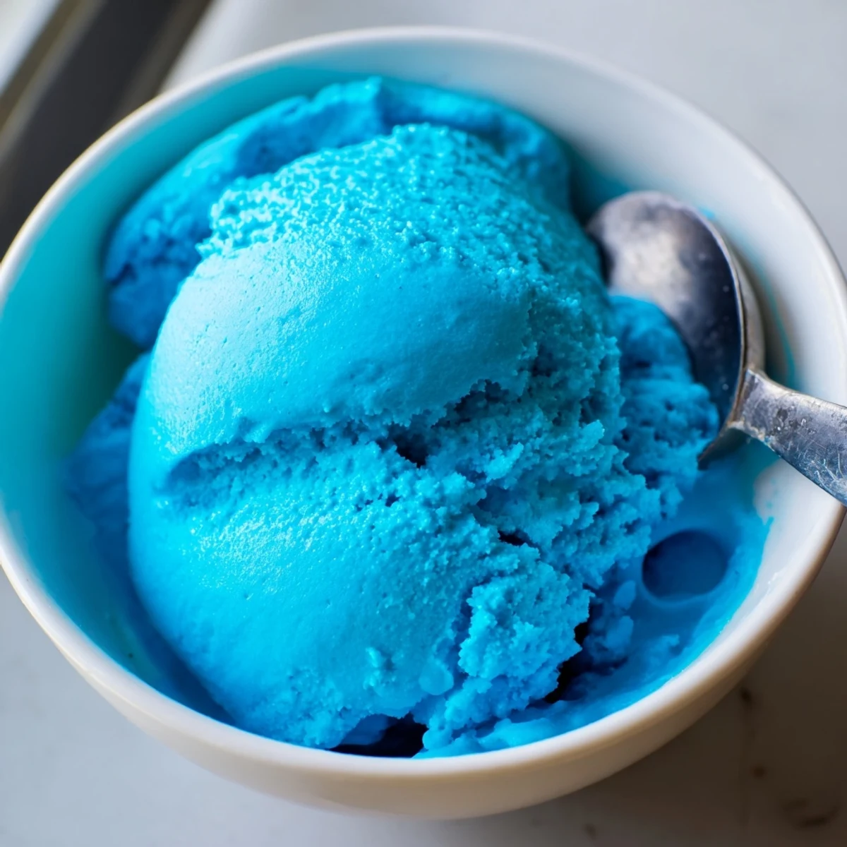 Creamy blue moon ice cream scooped into a crunchy waffle cone with colorful sprinkles