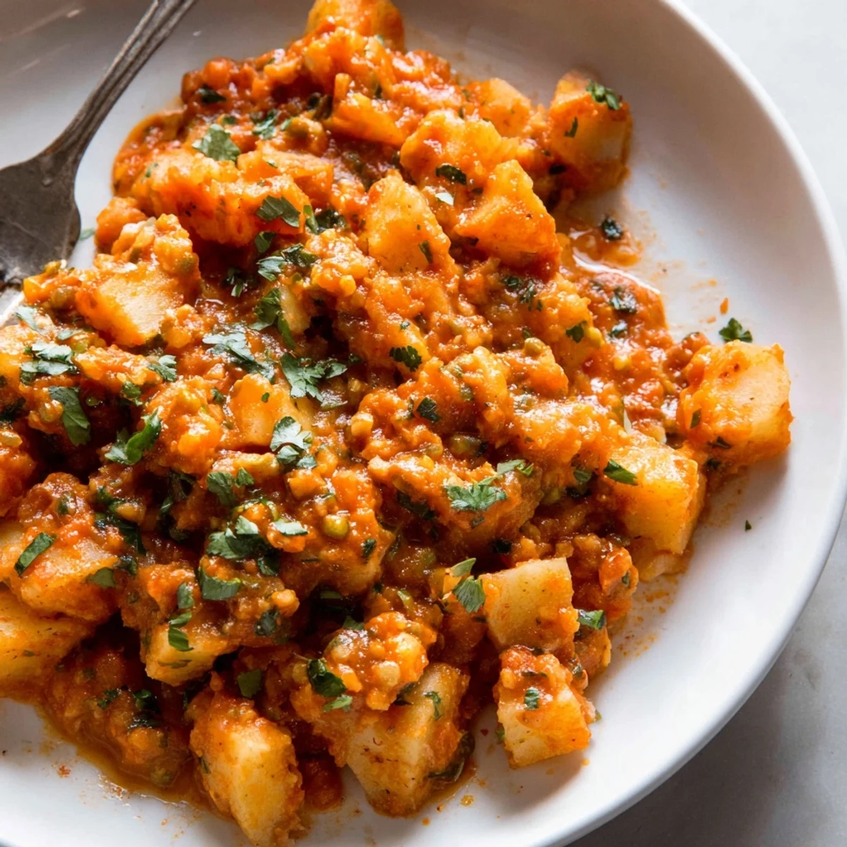 Golden tender papas con chile simmered in a rich, mildly spicy red chile sauce