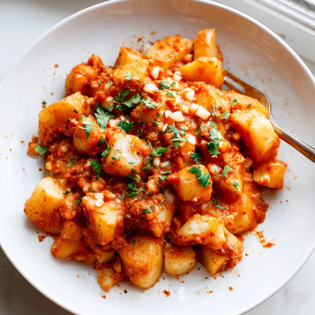 Hearty papas con chile garnished with fresh cilantro in a cast iron skillet