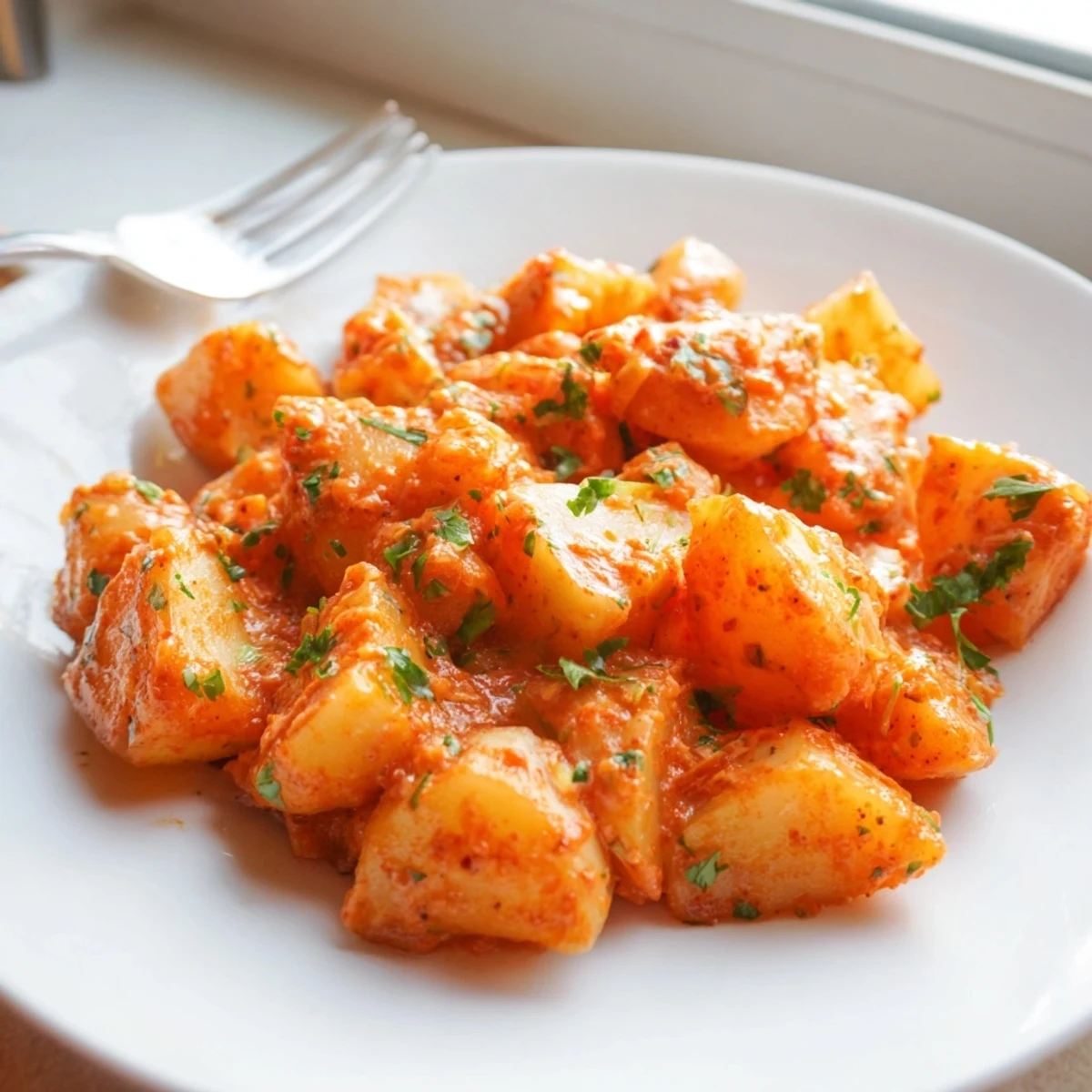 Creamy potato chunks coated in vibrant chile sauce in this papas con chile