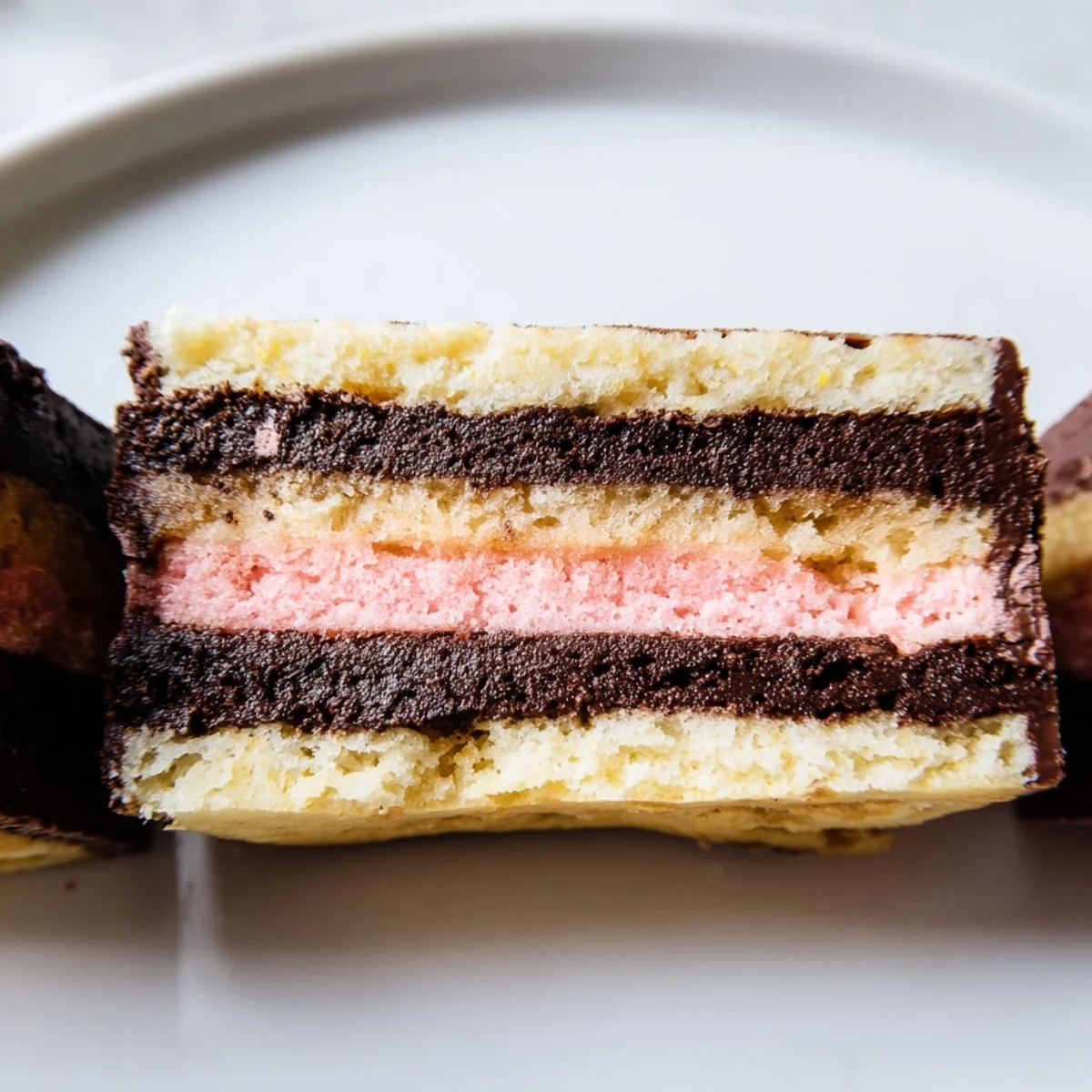 Colorful Neapolitan Cookies with chocolate, vanilla, and strawberry layers on a rustic baking sheet