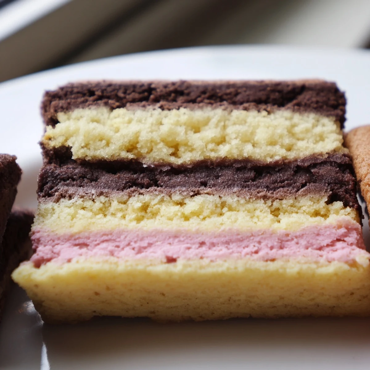 Neapolitan Cookies sliced to reveal tri-colored dough, arranged on a wire cooling rack