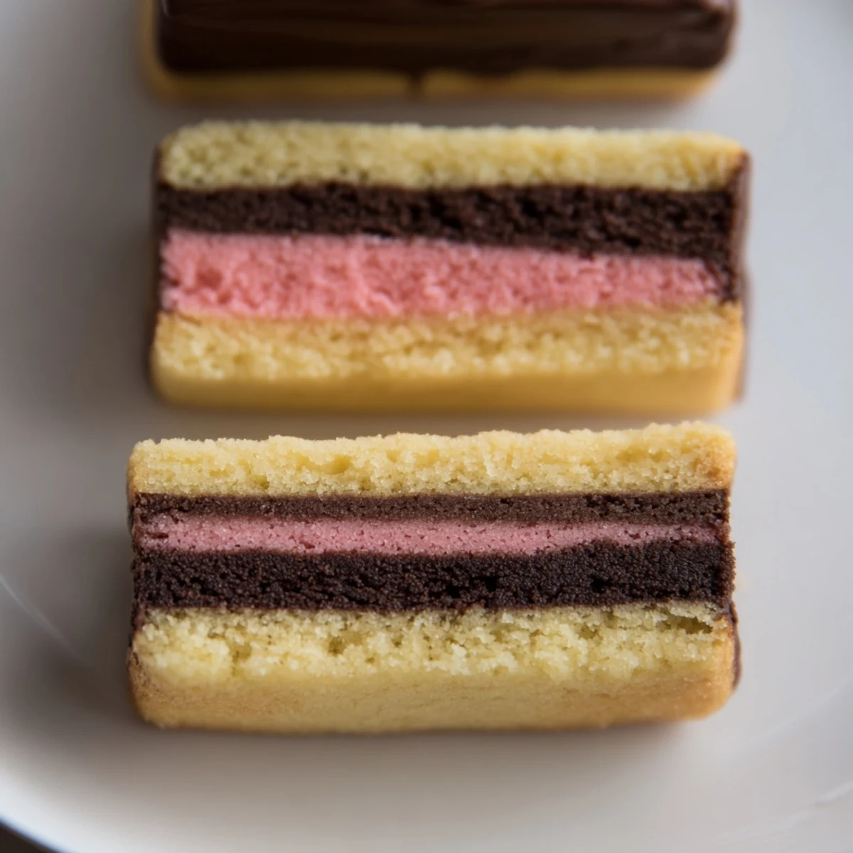 Freshly baked Neapolitan Cookies drizzled with chocolate, stacked on a white ceramic plate