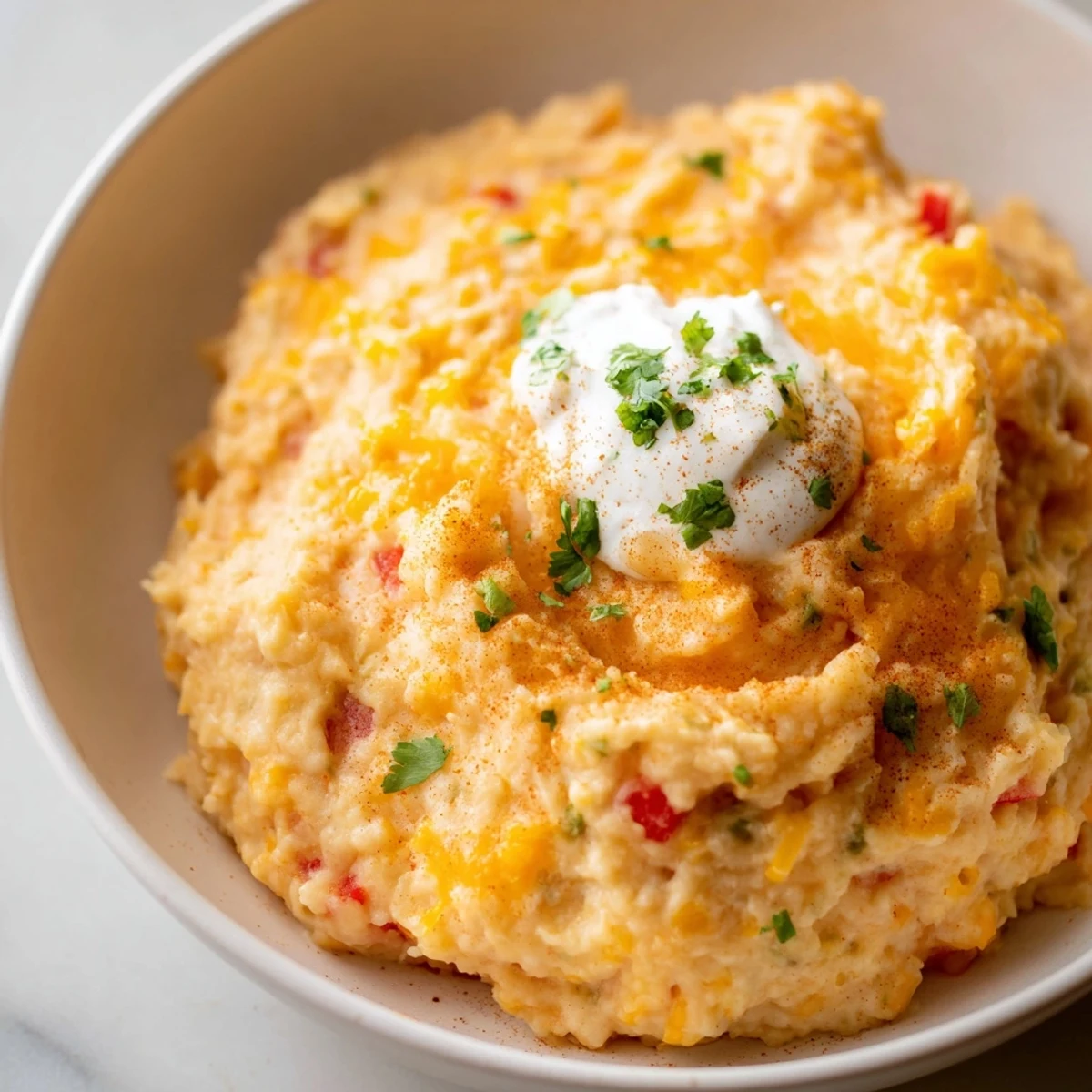 Creamy Tex Mex mashed potatoes topped with fresh cilantro and melted cheddar cheese
