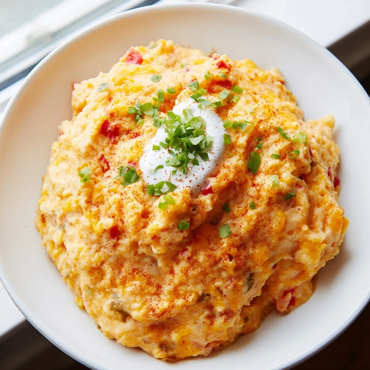 Spicy Tex Mex mashed potatoes served steaming in a bowl with colorful bell pepper flecks