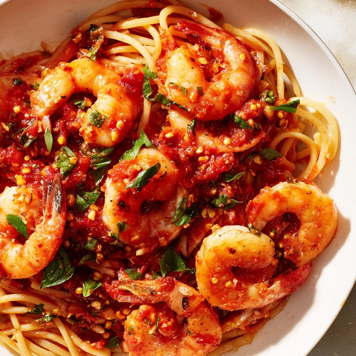 Sizzling Shrimp Fra Diavolo in a crimson tomato sauce with fresh parsley garnish