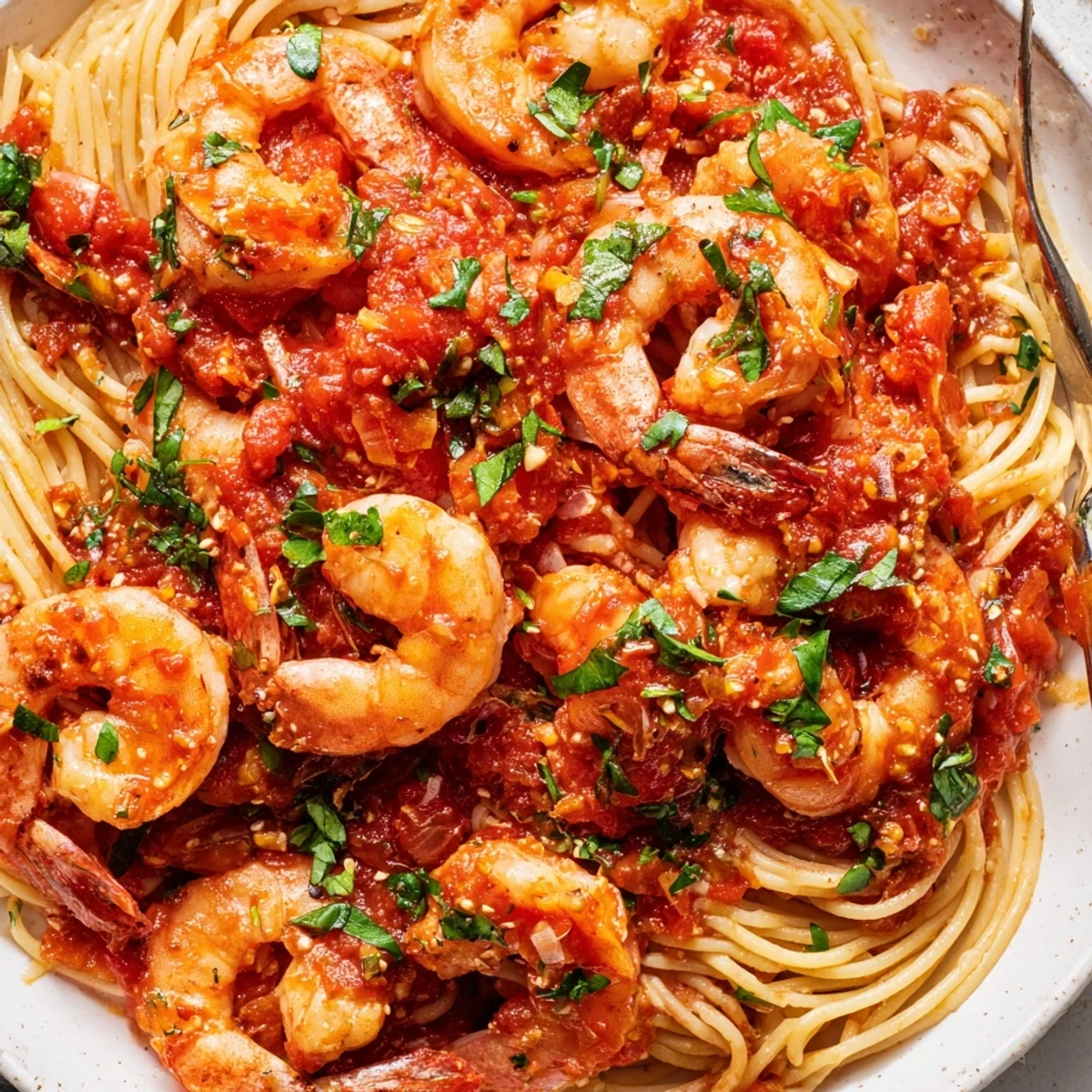 Plump pink shrimp nestled in a fiery Shrimp Fra Diavolo tomato sauce