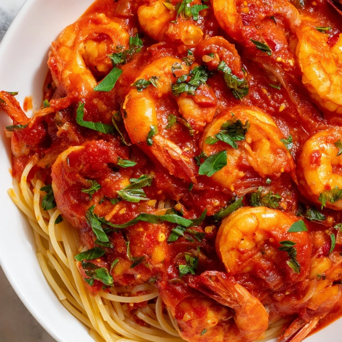 Shrimp Fra Diavolo served over steaming spaghetti with a dusting of red pepper flakes
