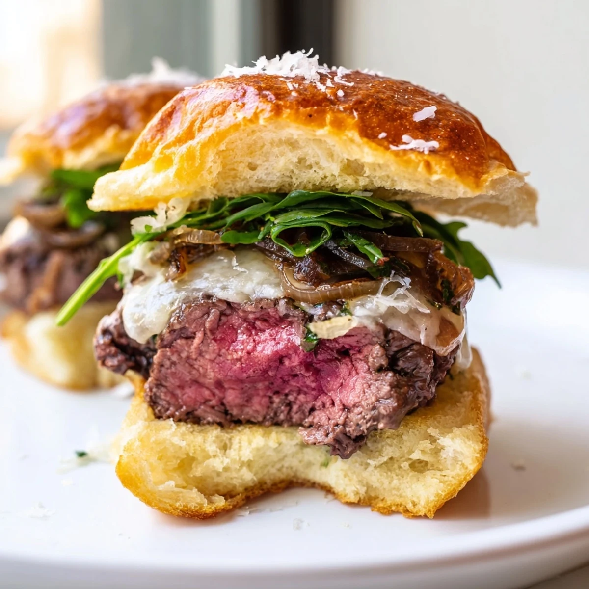 Juicy filet mignon sliders on golden garlic parmesan rolls topped with melted cheese and arugula
