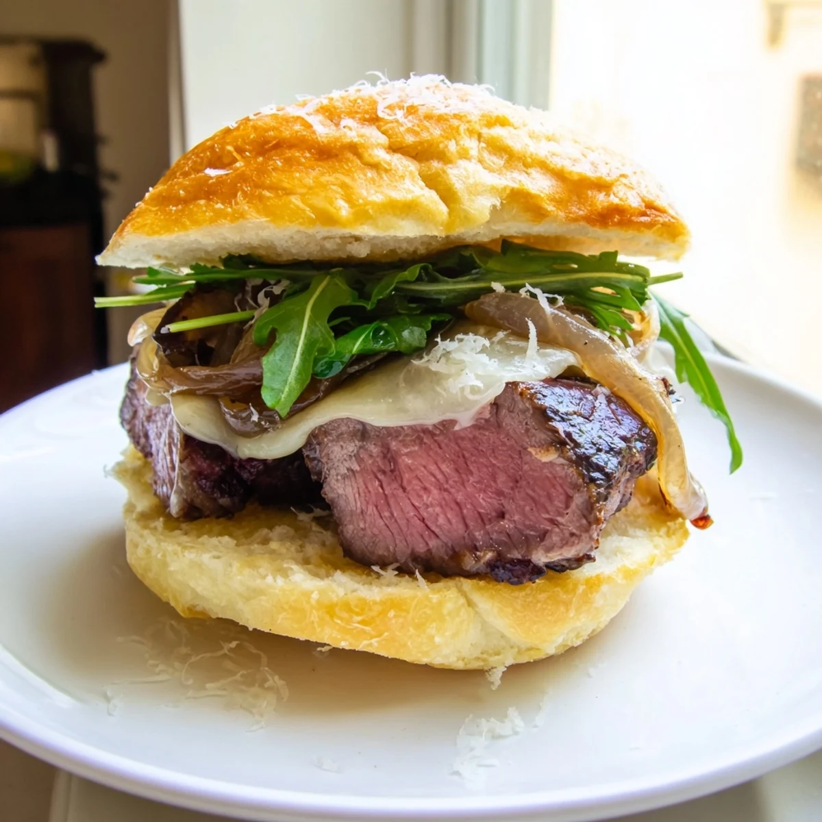 Filet mignon sliders nestled in warm garlic parmesan rolls with caramelized onions and fresh herbs