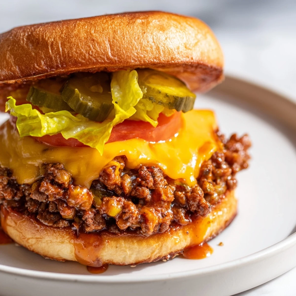 Smash Burger Sloppy Joes with melted cheddar dripping over a golden toasted bun
