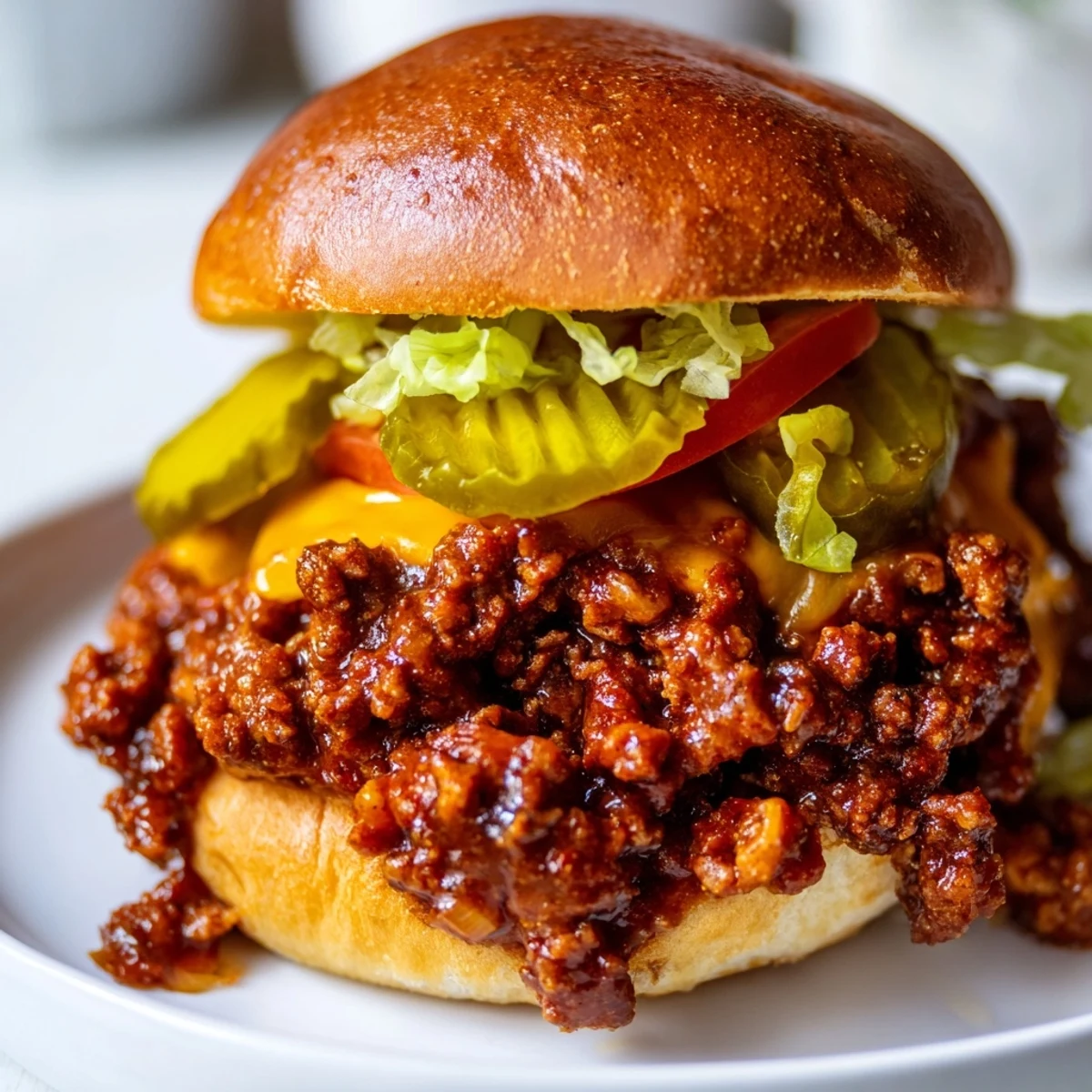 Juicy Smash Burger Sloppy Joes loaded with pickles lettuce and melty American cheese