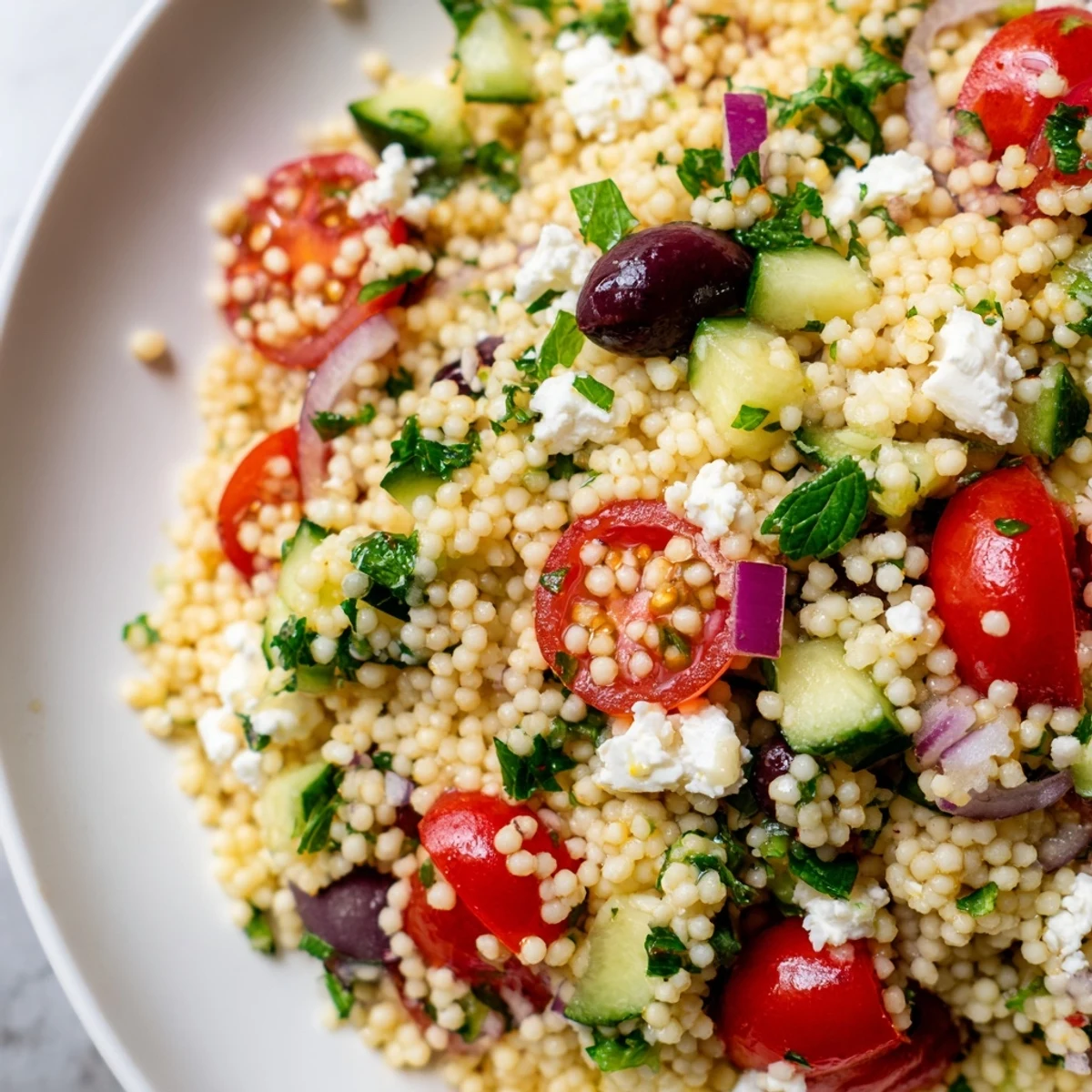 Mediterranean couscous salad with hot honey lemon vinaigrette topped with feta and olives