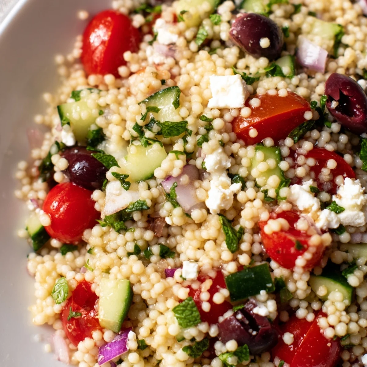 Bright Mediterranean couscous salad tossed in spicy-sweet hot honey lemon vinaigrette on a rustic plate
