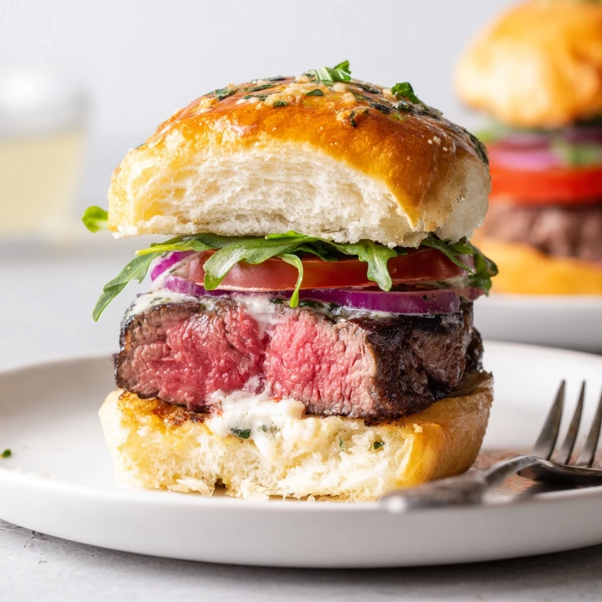 Juicy filet mignon sliders on golden garlic parmesan rolls with fresh arugula