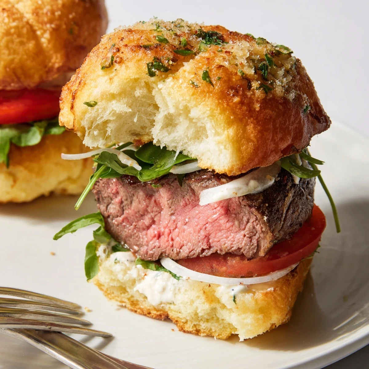 Crispy garlic parmesan rolls holding tender seared filet mignon sliders topped with onion