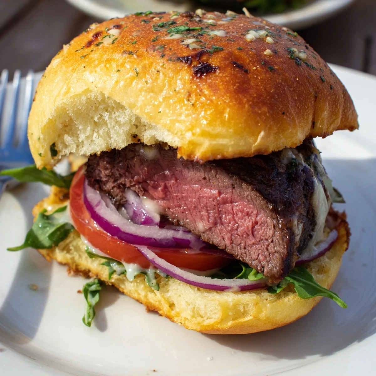 Savory filet mignon sliders nestled in toasted garlic butter buns with horseradish cream