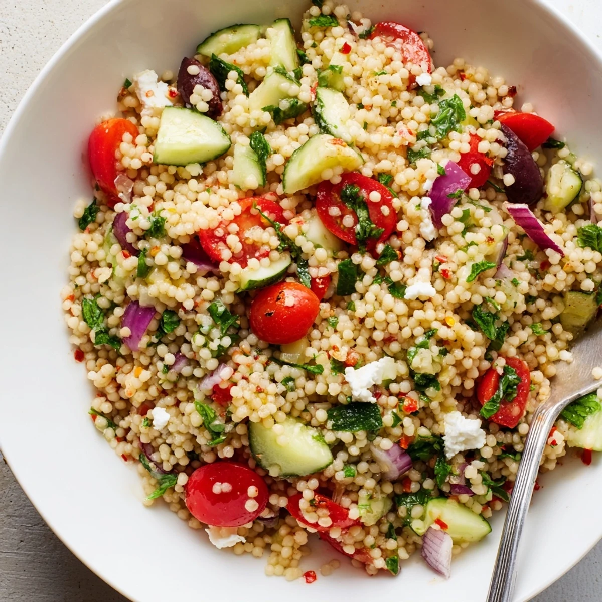 Fluffy Mediterranean couscous salad drizzled with spicy-sweet hot honey lemon vinaigrette