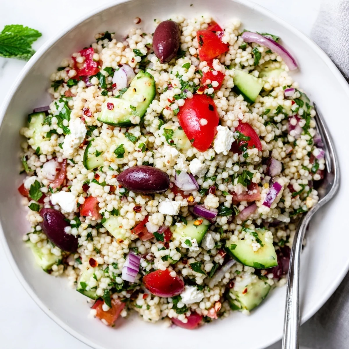 Colorful Mediterranean couscous salad studded with ripe tomatoes, olives, and crumbled feta