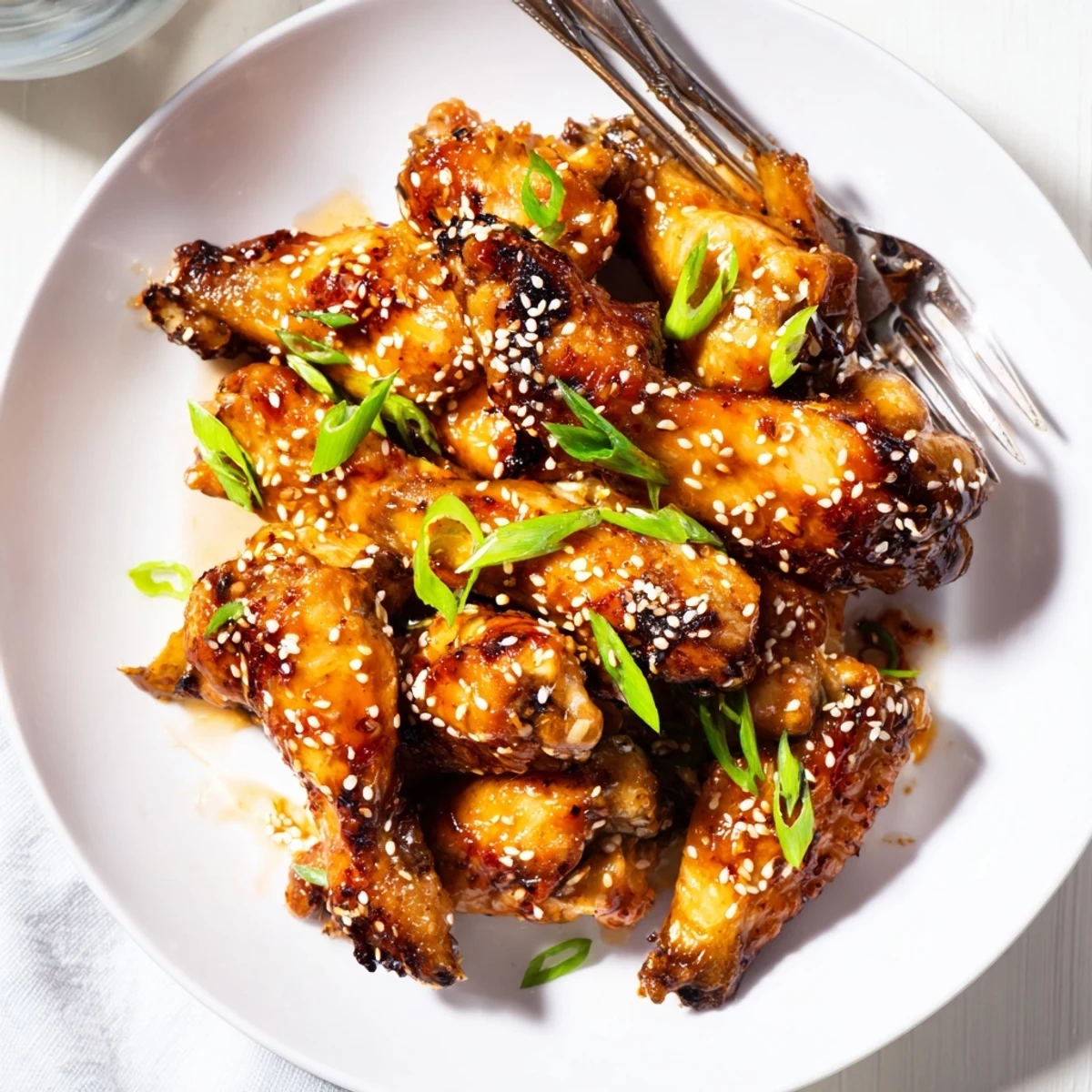Crispy baked miso honey chicken wings glazed golden and sprinkled with sesame seeds on a rustic platter