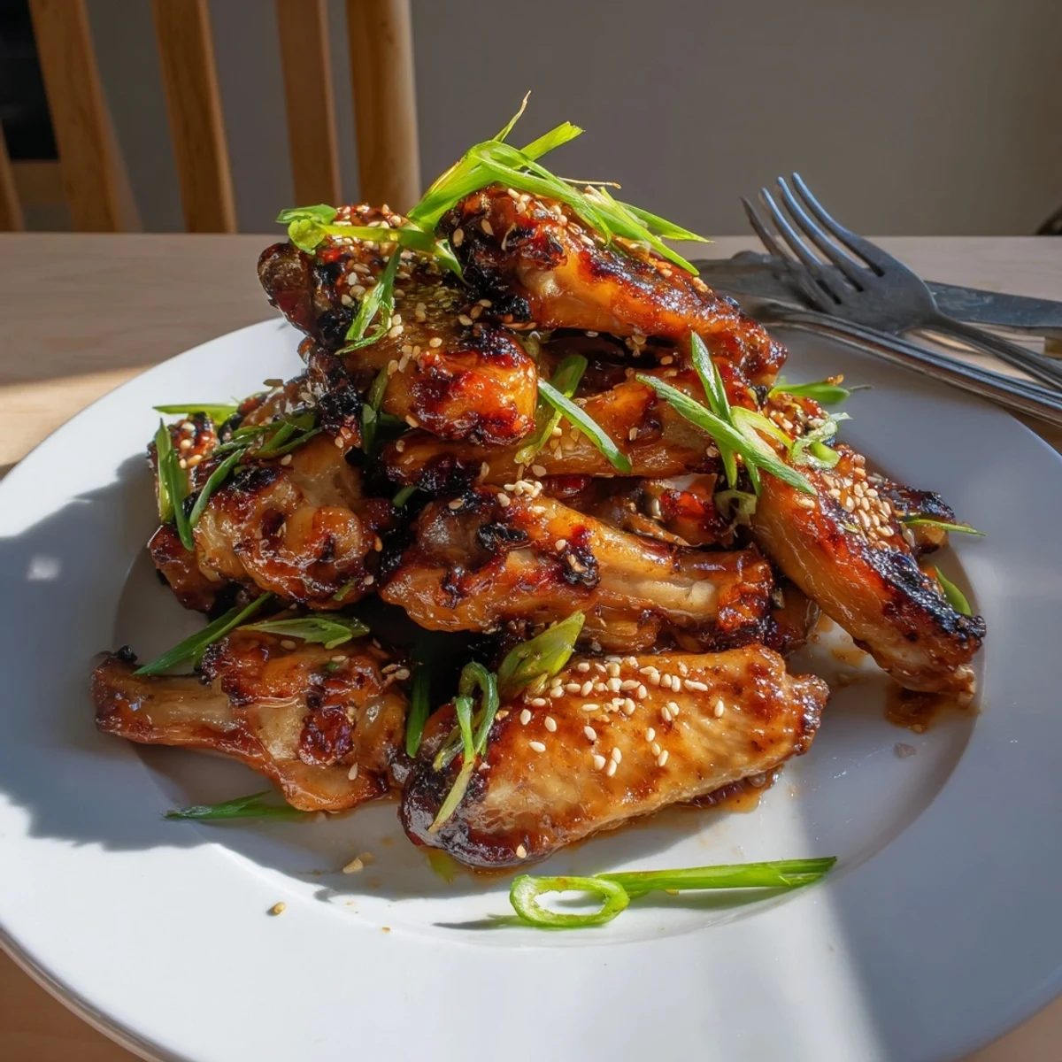 Sticky sweet miso honey marinated chicken wings fresh from the oven with caramelized edges and green onion garnish