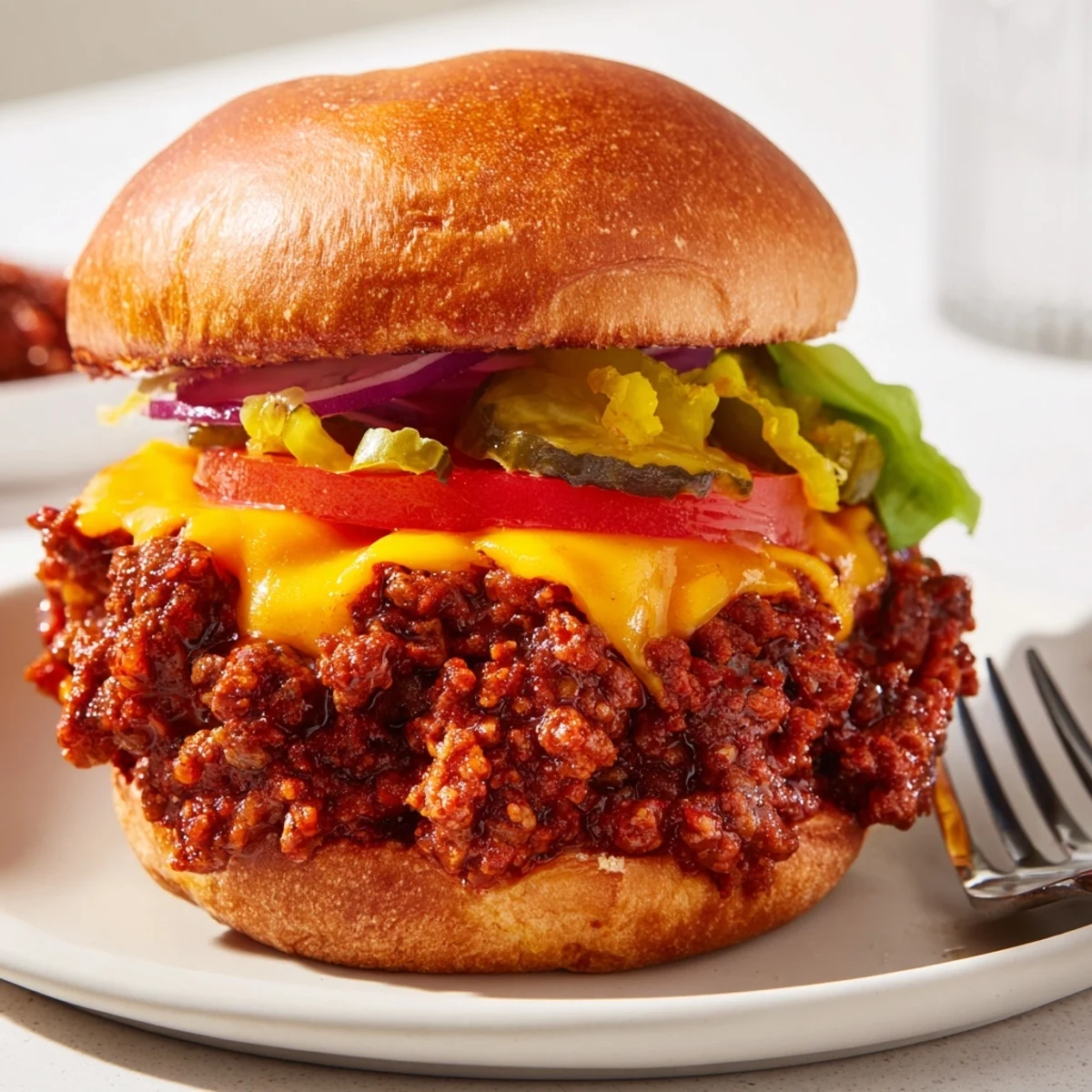 Smash burger sloppy joes topped with melted cheese lettuce and fresh tomato