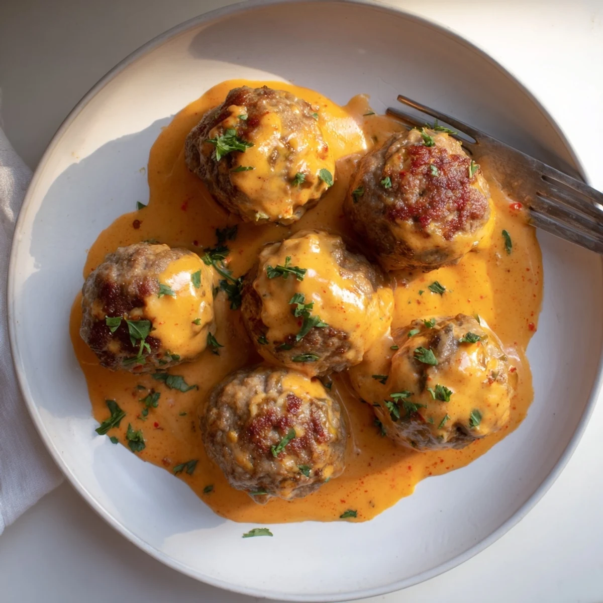 Golden baked cheese stuffed meatballs dripping with melted cheddar sauce and fresh parsley