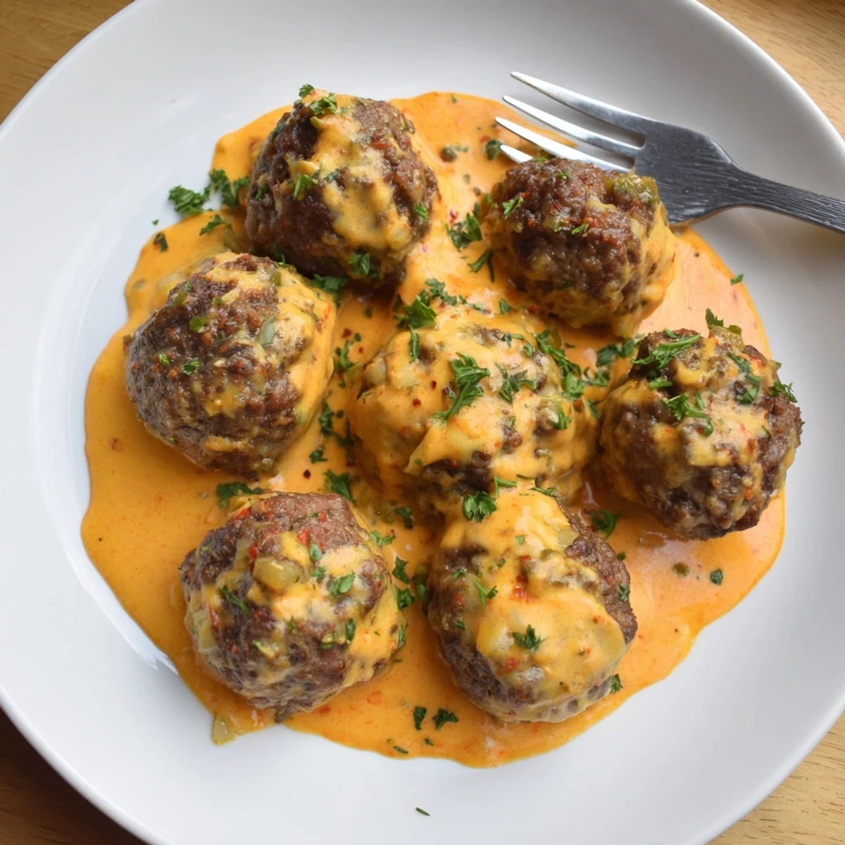 Cheese stuffed meatballs smothered in creamy spicy cheese sauce on a rustic plate