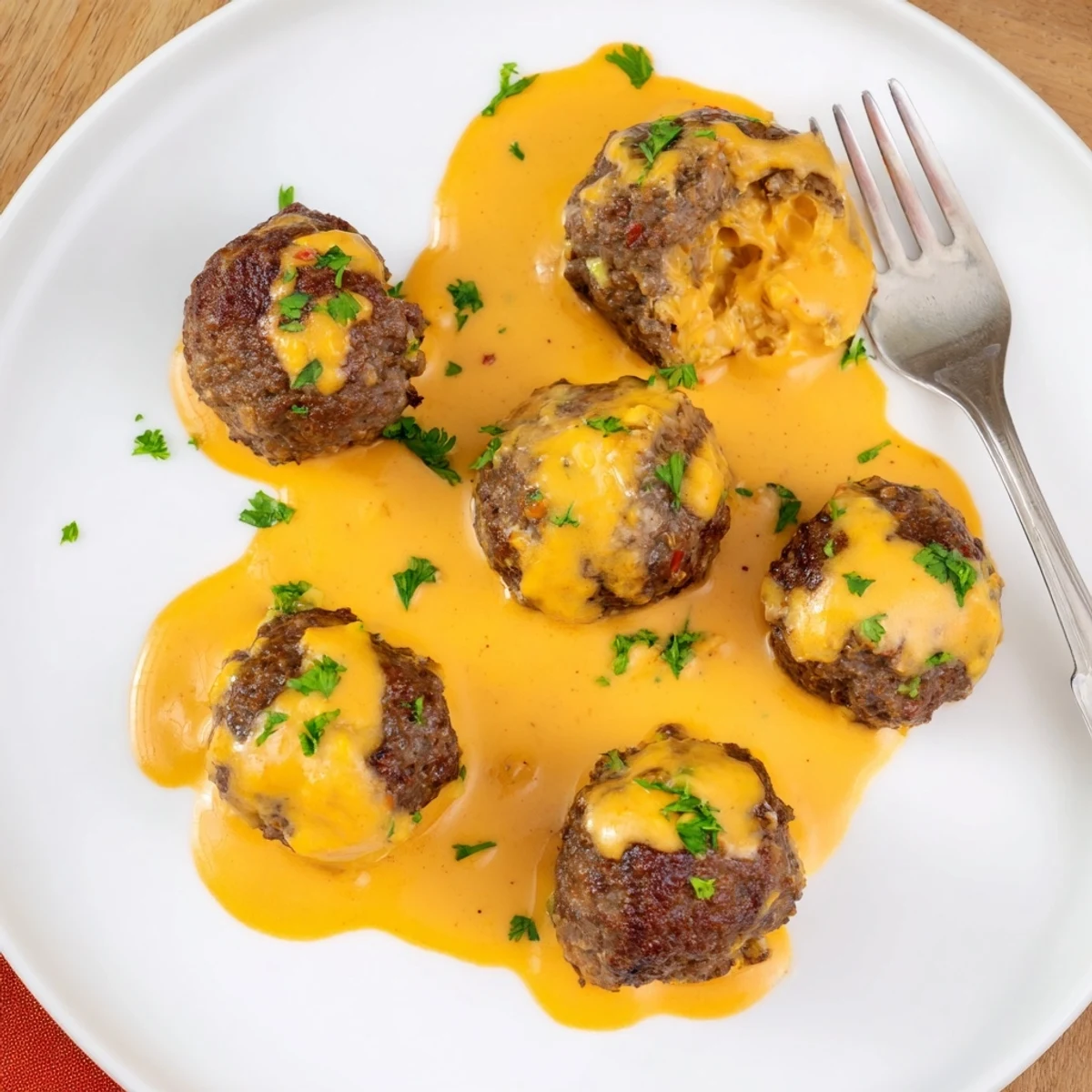 Close-up of cheese stuffed meatballs with gooey mozzarella centers and rich spicy sauce