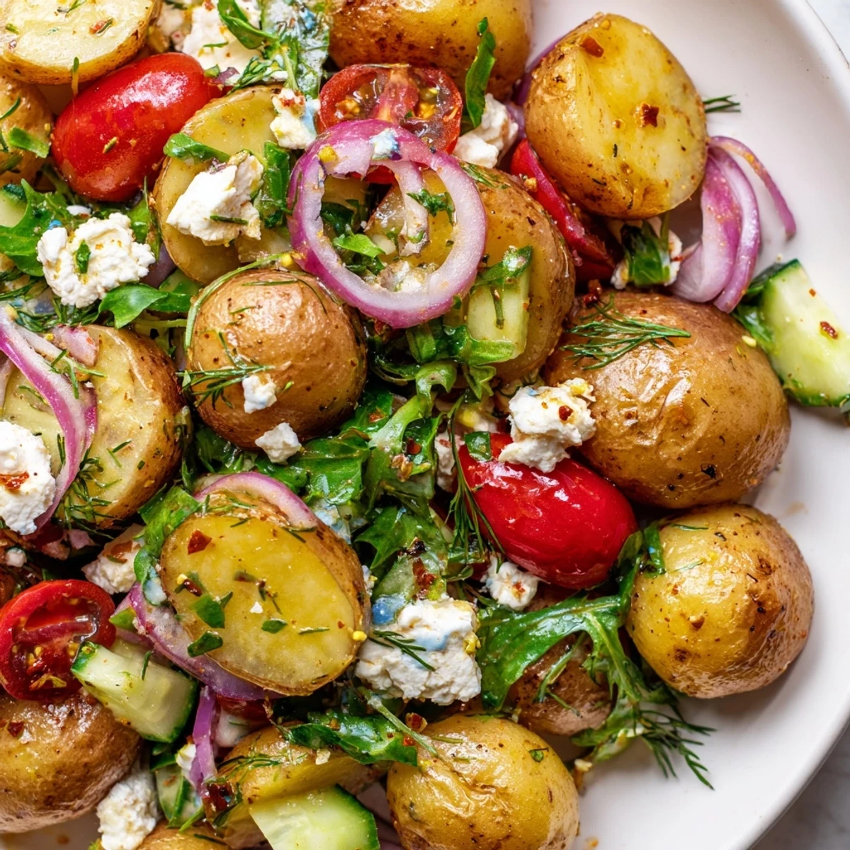 Creamy potato and feta salad topped with fresh herbs and cherry tomatoes