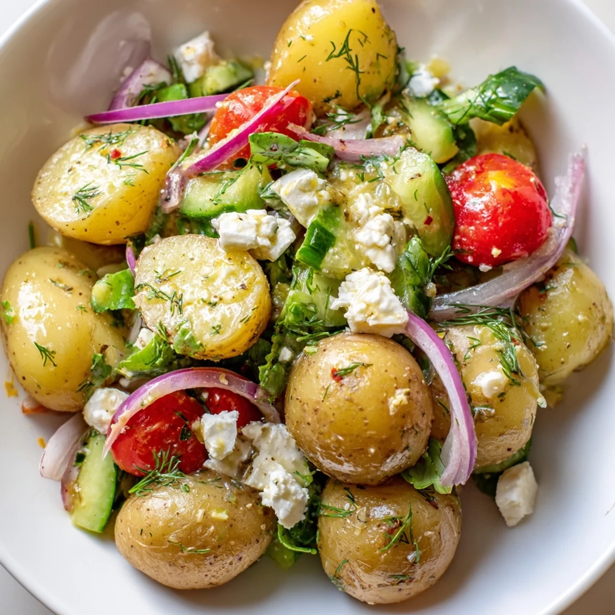 Golden halved potatoes crumbled with tangy feta in a bright Mediterranean salad