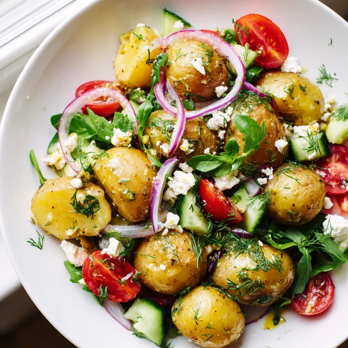 Warm potato and feta salad drizzled with herb dressing in a rustic bowl