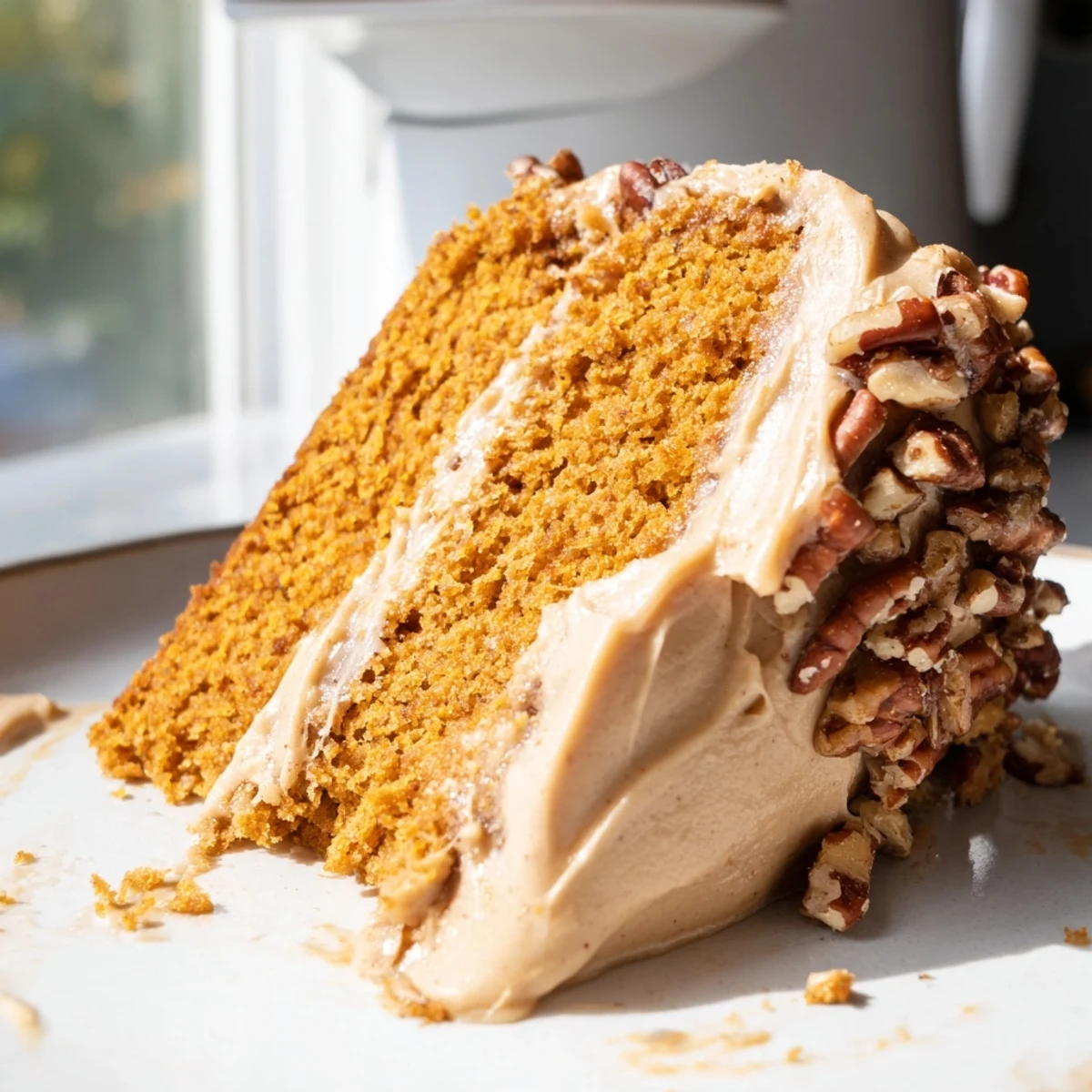 A warm slice of pumpkin pecan cake topped with swirls of cinnamon cream cheese icing on a rustic plate