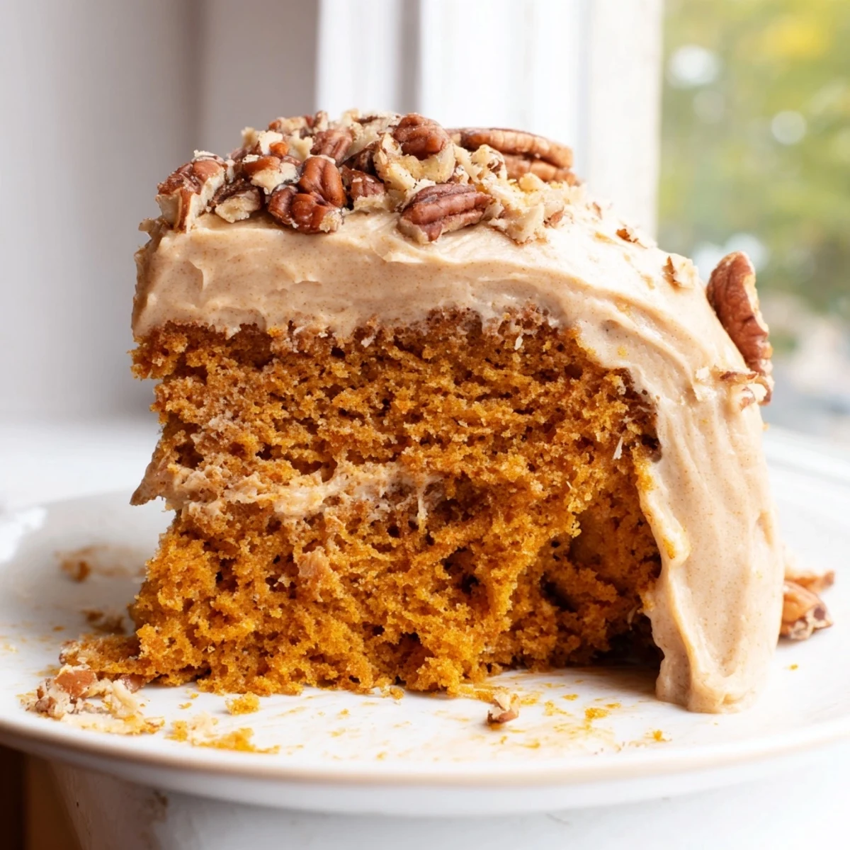 Moist pumpkin pecan cake with toasted pecan pieces and generous cinnamon cream cheese icing served on a dessert plate