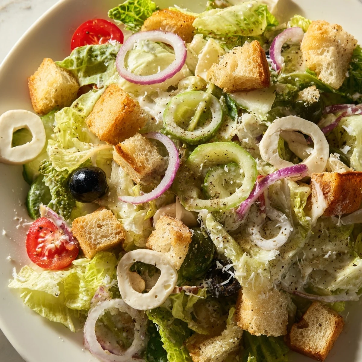 Fresh Olive Garden salad with crisp romaine, tangy dressing, and crunchy croutons in a bowl