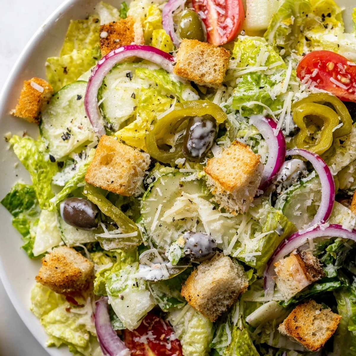 Olive Garden salad topped with pepperoncini, black olives, and grated Parmesan cheese