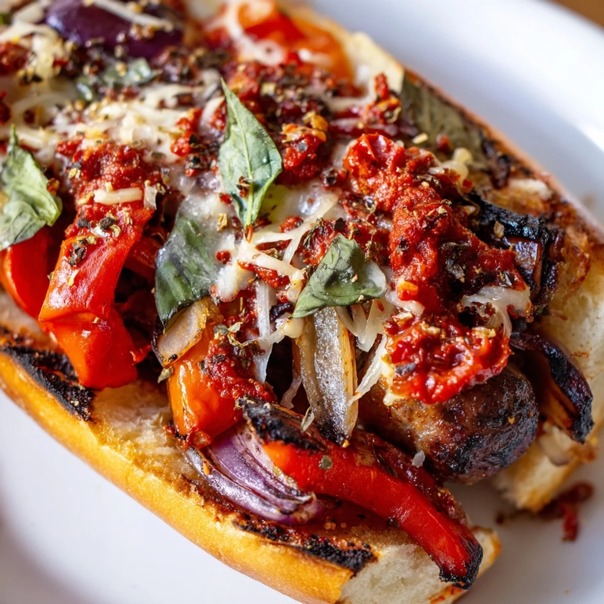 Charred grilled sausage grinders topped with smoky tomato sauce on toasted crusty rolls