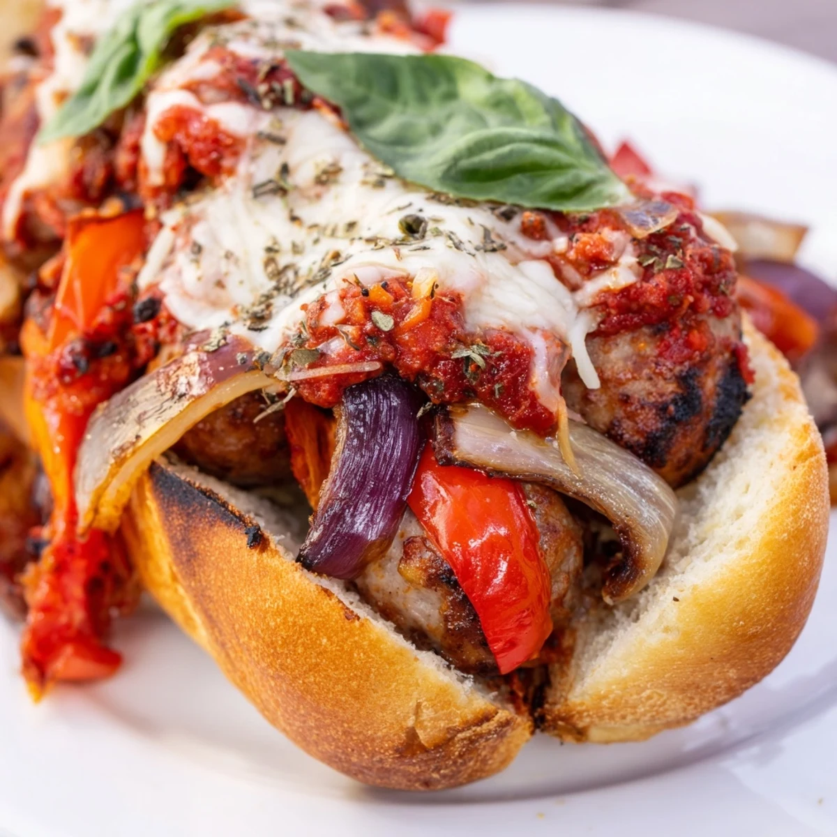 Juicy sausages nestled in golden hoagie rolls dripping with chunky grilled tomato sauce