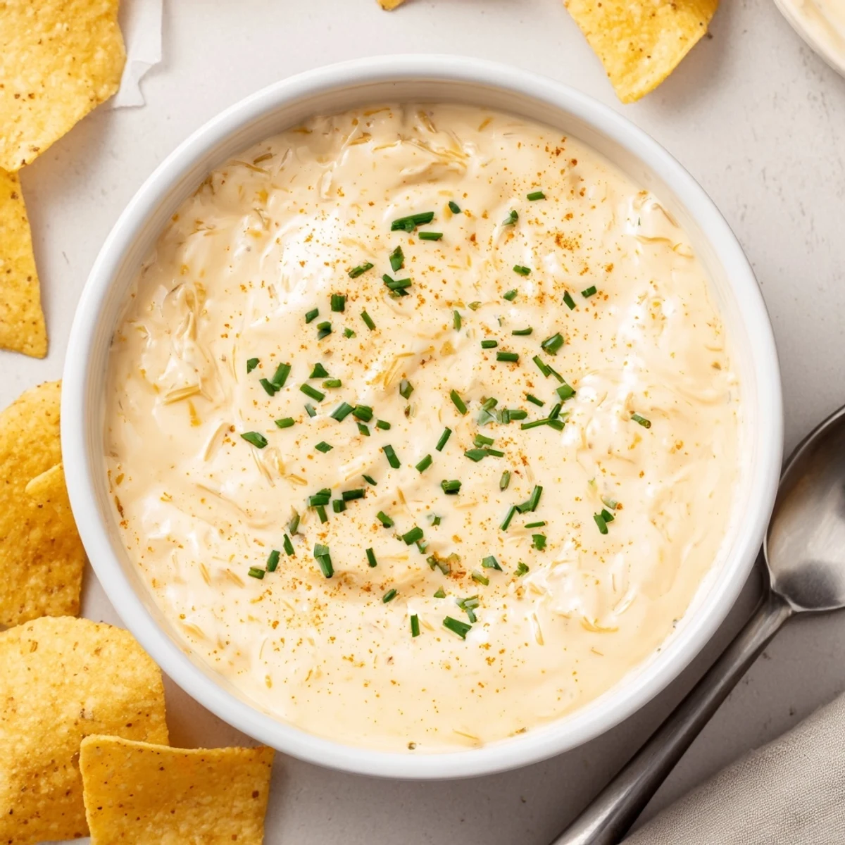 Warm creamy cheese dip in a rustic bowl surrounded by golden tortilla chips