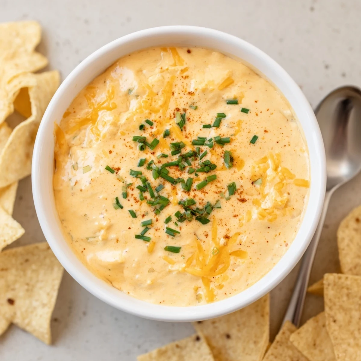 Melted cheddar cheese dip garnished with fresh chives in a ceramic serving dish