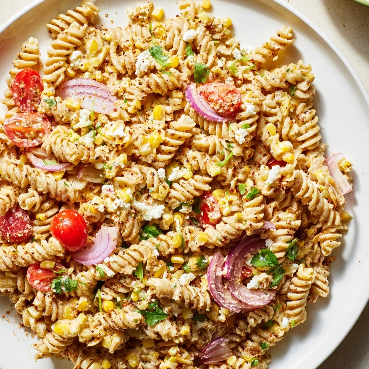 Creamy Elote Street Corn Pasta Salad topped with crumbled cotija cheese and fresh cilantro