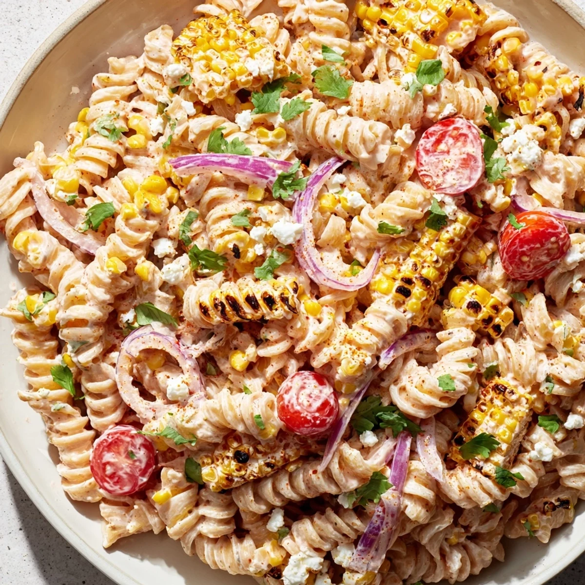 Smoky grilled corn and vibrant tomatoes shine in this colorful Elote Street Corn Pasta Salad